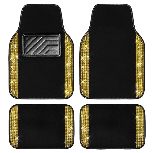CAR PASS Bling Diamond Car Floor Mats, Shining Rhinestone Carpet Sparkly Glitter Crystal with Anti-Slip PVC Heel Pad Waterproof Universal Fit Automotive SUV,Sedan,Van,Cute Girl Women,4pcs Black Sliver