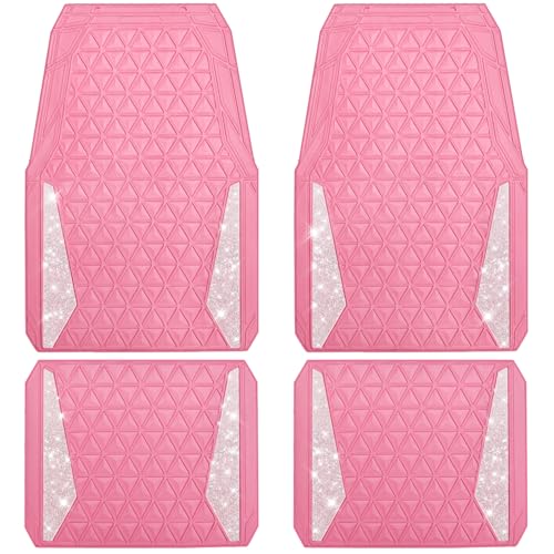CAR PASS Bling Car Mats Diamond Rubber Floor Mats Full Set Anti-Slip 3D Rhombus Waterproof Trim to Fit Liner Universal Glitter Crystal Sparkly Shining Rhinestone Girl Women SUV Sedan Van, Black Silver