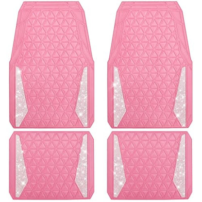 CAR PASS Bling Car Mats Diamond Rubber Floor Mats Full Set Anti-Slip 3D Rhombus Waterproof Trim to Fit Liner Universal Glitter Crystal Sparkly Shining Rhinestone Girl Women SUV Sedan Van, Black Silver