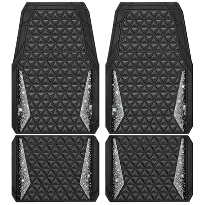 CAR PASS Bling Car Mats Diamond Rubber Floor Mats Full Set Anti-Slip 3D Rhombus Waterproof Trim to Fit Liner Universal Glitter Crystal Sparkly Shining Rhinestone Girl Women SUV Sedan Van, Black Silver