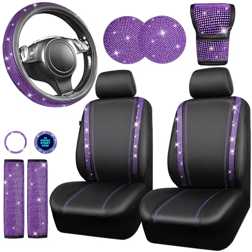 CAR PASS 7 PCS Bling Car Accessories for Women, Sparkly Rhinestone Diamond Steering Wheel Cover, Bling Seat Belt Cushion, Glitter Shift Knob Cover, Car Cup Holder Coaster, Cute Interior Sets Silver