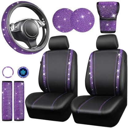 CAR PASS 7 PCS Bling Car Accessories for Women, Sparkly Rhinestone Diamond Steering Wheel Cover, Bling Seat Belt Cushion, Glitter Shift Knob Cover, Car Cup Holder Coaster, Cute Interior Sets Silver