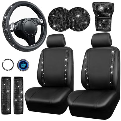CAR PASS 7 PCS Bling Car Accessories for Women, Sparkly Rhinestone Diamond Steering Wheel Cover, Bling Seat Belt Cushion, Glitter Shift Knob Cover, Car Cup Holder Coaster, Cute Interior Sets Silver
