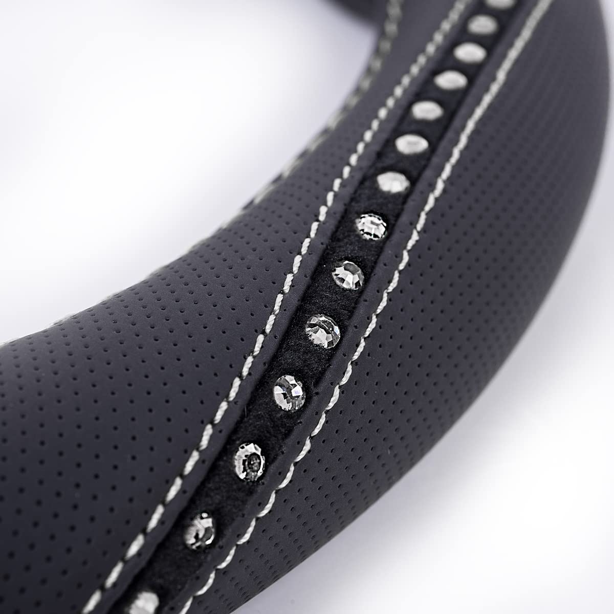 CAR PASS Bling Diamond Black Leather Steering Wheel Cover, Studded Crystal Rhinestones Universal Fit 14" 1/2-15" Glitter for Women Sparkle Girl Fit Suvs,Vans,Sedans,Car,Trucks, Silver Diamond