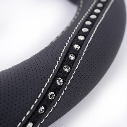 CAR PASS Bling Diamond Black Leather Steering Wheel Cover, Studded Crystal Rhinestones Universal Fit 14" 1/2-15" Glitter for Women Sparkle Girl Fit Suvs,Vans,Sedans,Car,Trucks, Silver Diamond
