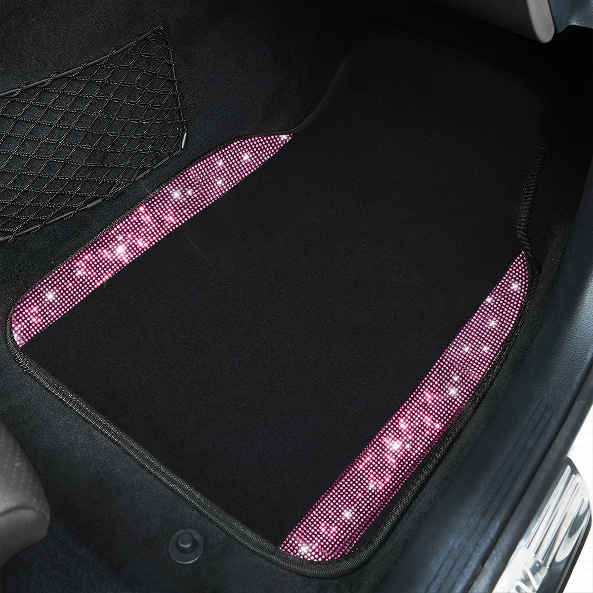 CAR PASS Bling Diamond Car Floor Mats, Shining Rhinestone Carpet Sparkly Glitter Crystal with Anti-Slip PVC Heel Pad Waterproof Universal Fit Automotive SUV,Sedan,Van,Cute Girl Women,4pcs Black Sliver