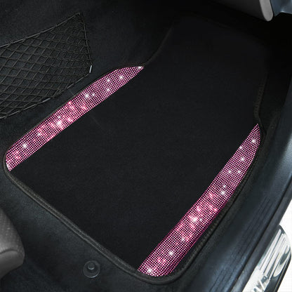 CAR PASS Bling Diamond Car Floor Mats, Shining Rhinestone Carpet Sparkly Glitter Crystal with Anti-Slip PVC Heel Pad Waterproof Universal Fit Automotive SUV,Sedan,Van,Cute Girl Women,4pcs Black Sliver