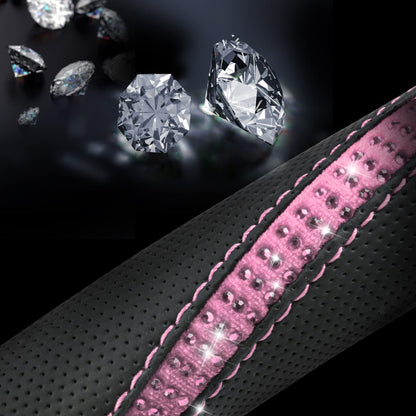 CAR PASS Bling Diamond Black Leather Steering Wheel Cover, Studded Crystal Rhinestones Universal Fit 14" 1/2-15" Glitter for Women Sparkle Girl Fit Suvs,Vans,Sedans,Car,Trucks, Silver Diamond