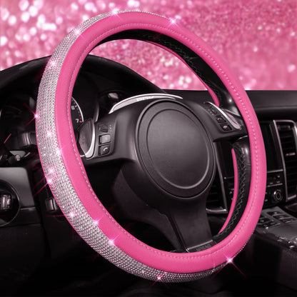 CAR PASS Bling Diamond Leather Steering Wheel Cover, With Sparkly Crystal Glitter Rhinestones Universal Fit 14"1/2-15" Car Wheel Protector for Women Girl Fit Suvs,Vans,Sedans,Car,Trucks, Black Diamond