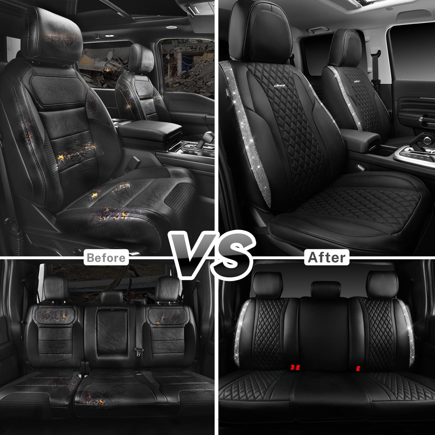 CAR Pass Bling Car Seat Covers, Microfiber Nappa Leather Luxury Cushioned, Waterproof Heavy-Duty Anti-Slip Universal Fit for Auto SUV Sedan,Sparkly Glitter Shining Rhinestone Full Set, Black Diamond