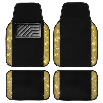 CAR PASS Bling Diamond Car Floor Mats, Shining Rhinestone Carpet Sparkly Glitter Crystal with Anti-Slip PVC Heel Pad Waterproof Universal Fit Automotive SUV,Sedan,Van,Cute Girl Women,4pcs Black Sliver