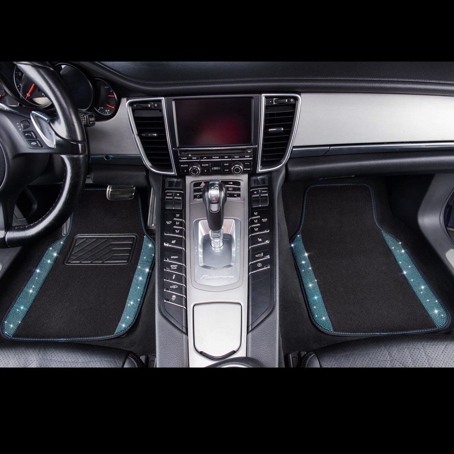 CAR PASS Bling Diamond Car Floor Mats, Shining Rhinestone Carpet Sparkly Glitter Crystal with Anti-Slip PVC Heel Pad Waterproof Universal Fit Automotive SUV,Sedan,Van,Cute Girl Women,4pcs Black Sliver