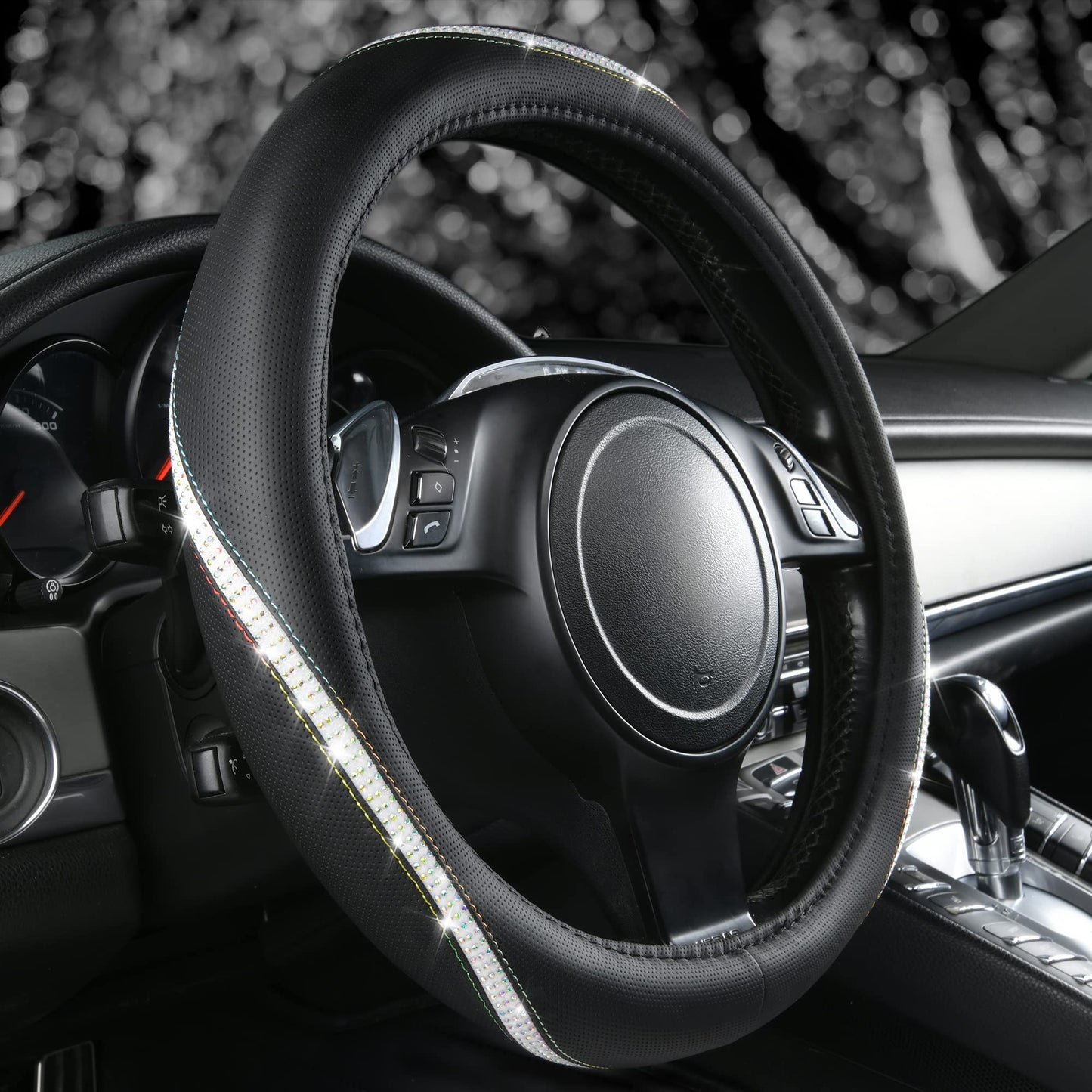 CAR PASS Bling Diamond Black Leather Steering Wheel Cover, Studded Crystal Rhinestones Universal Fit 14" 1/2-15" Glitter for Women Sparkle Girl Fit Suvs,Vans,Sedans,Car,Trucks, Silver Diamond