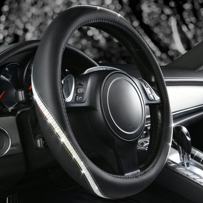 CAR PASS Bling Diamond Black Leather Steering Wheel Cover, Studded Crystal Rhinestones Universal Fit 14" 1/2-15" Glitter for Women Sparkle Girl Fit Suvs,Vans,Sedans,Car,Trucks, Silver Diamond