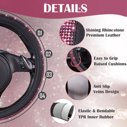 CAR PASS Bling Diamond Leather Steering Wheel Cover, With Sparkly Crystal Glitter Rhinestones Universal Fit 14"1/2-15" Car Wheel Protector for Women Girl Fit Suvs,Vans,Sedans,Car,Trucks, Black Diamond