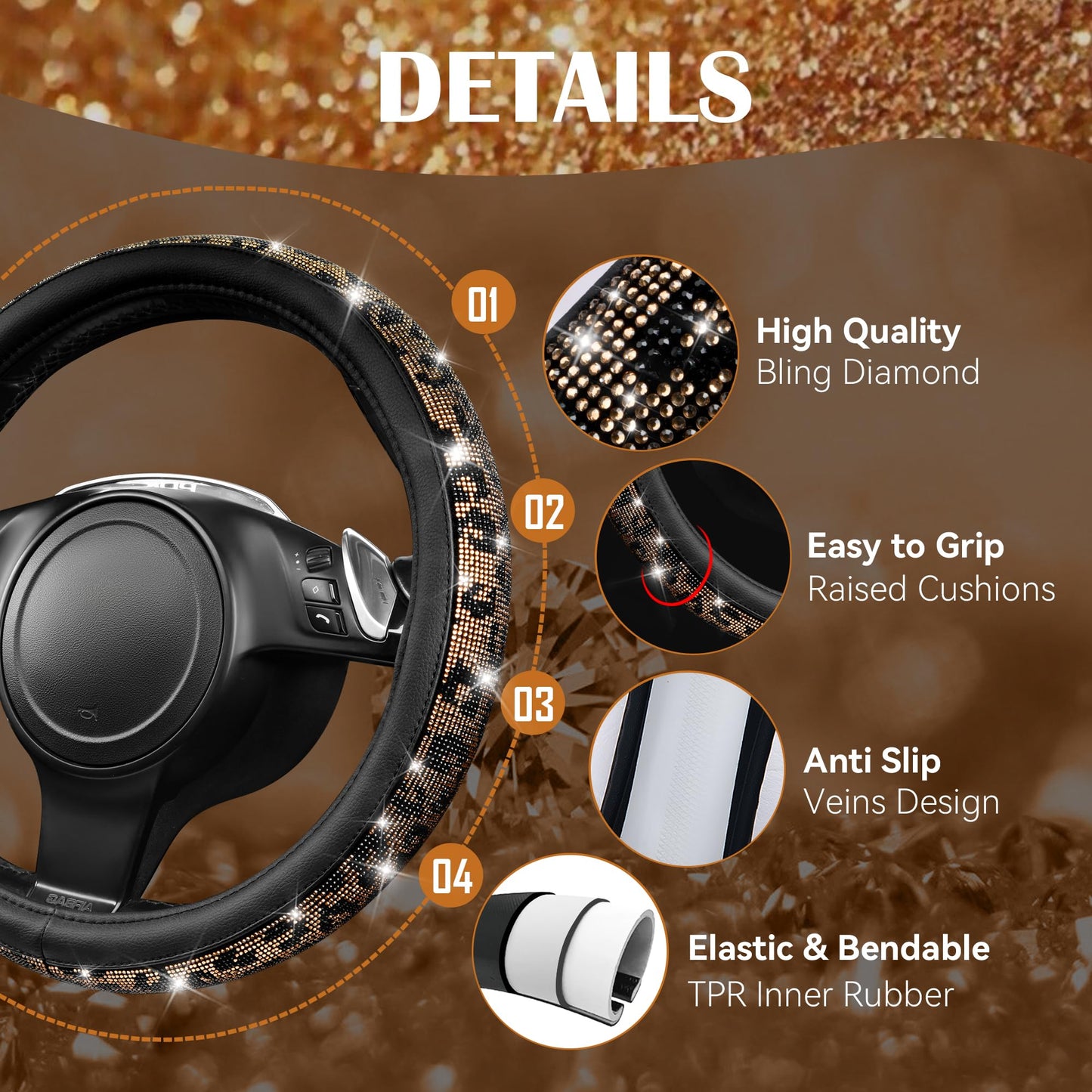 CAR PASS Bling Diamond Leather Steering Wheel Cover, With Sparkly Crystal Glitter Rhinestones Universal Fit 14"1/2-15" Car Wheel Protector for Women Girl Fit Suvs,Vans,Sedans,Car,Trucks, Black Diamond