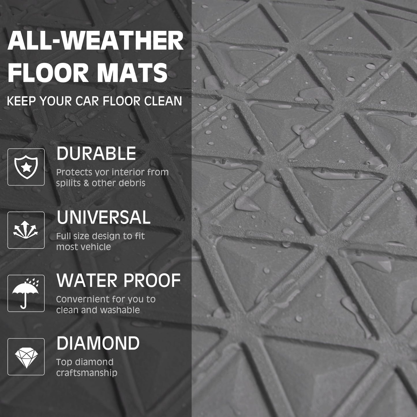 CAR PASS Bling Car Mats Diamond Rubber Floor Mats Full Set Anti-Slip 3D Rhombus Waterproof Trim to Fit Liner Universal Glitter Crystal Sparkly Shining Rhinestone Girl Women SUV Sedan Van, Black Silver