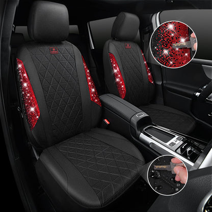 CAR PASS Oxford Bling Diamond Car Seat Covers 2 Front Interior Sets, Waterproof Shining Glitter Sparkly Crystal Universal Armrest Fit 95% Automotive Truck SUV Cute Women Girl, Black Red Rhinestone