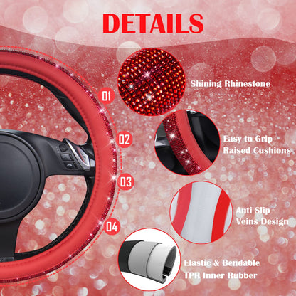 CAR PASS Bling Diamond Leather Steering Wheel Cover, With Sparkly Crystal Glitter Rhinestones Universal Fit 14"1/2-15" Car Wheel Protector for Women Girl Fit Suvs,Vans,Sedans,Car,Trucks, Black Diamond