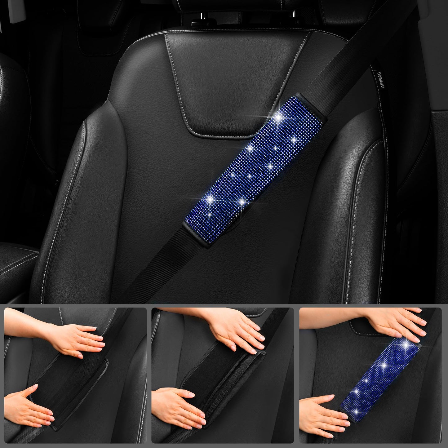 CAR PASS 7 PCS Bling Car Accessories for Women, Sparkly Rhinestone Diamond Steering Wheel Cover, Bling Seat Belt Cushion, Glitter Shift Knob Cover, Car Cup Holder Coaster, Cute Interior Sets Silver