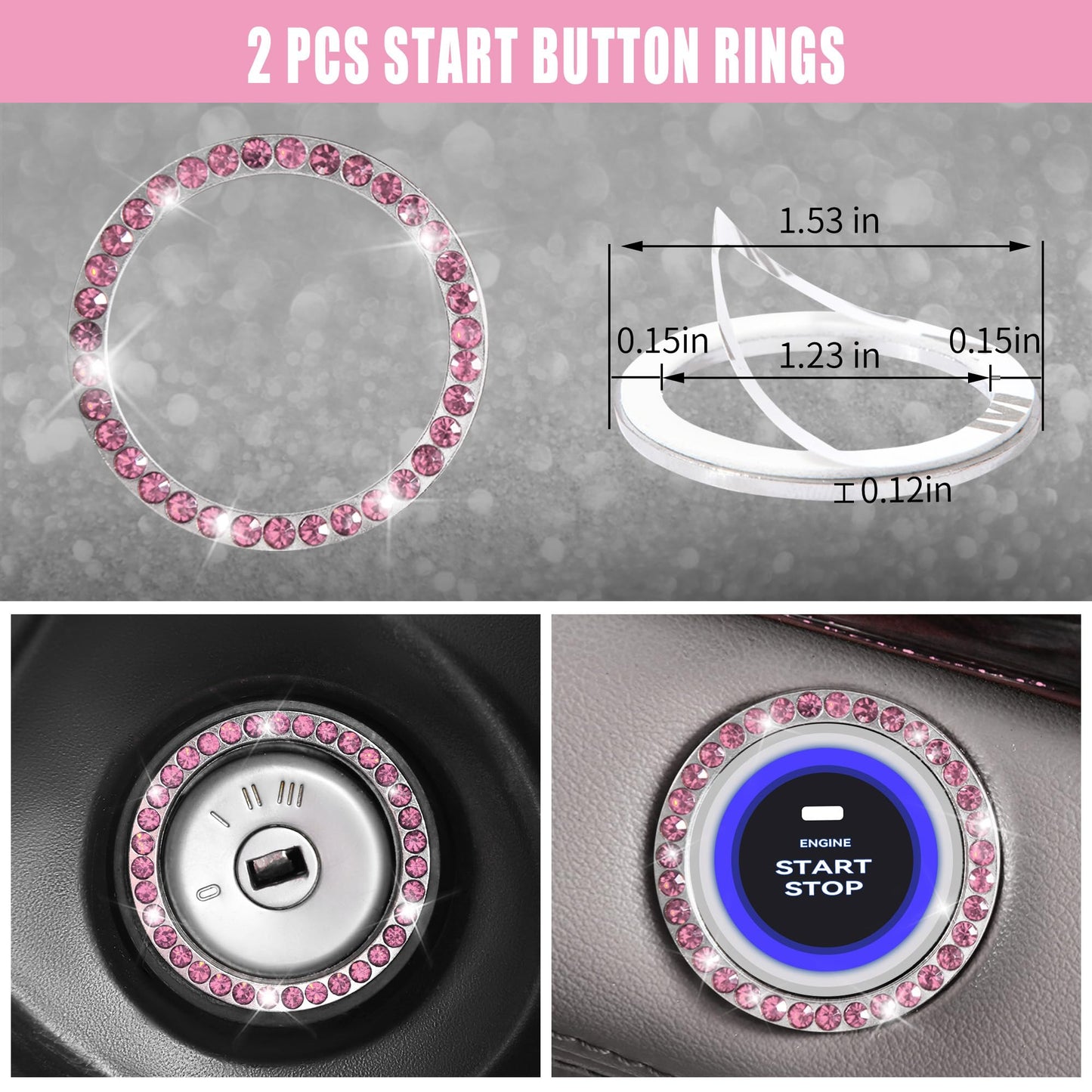 CAR PASS 7 PCS Bling Car Accessories for Women, Sparkly Rhinestone Diamond Steering Wheel Cover, Bling Seat Belt Cushion, Glitter Shift Knob Cover, Car Cup Holder Coaster, Cute Interior Sets Silver