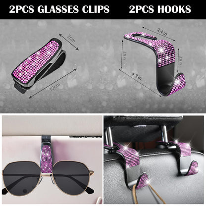 CAR PASS 7 PCS Bling Car Accessories for Women, Sparkly Rhinestone Diamond Steering Wheel Cover, Bling Seat Belt Cushion, Glitter Shift Knob Cover, Car Cup Holder Coaster, Cute Interior Sets Silver