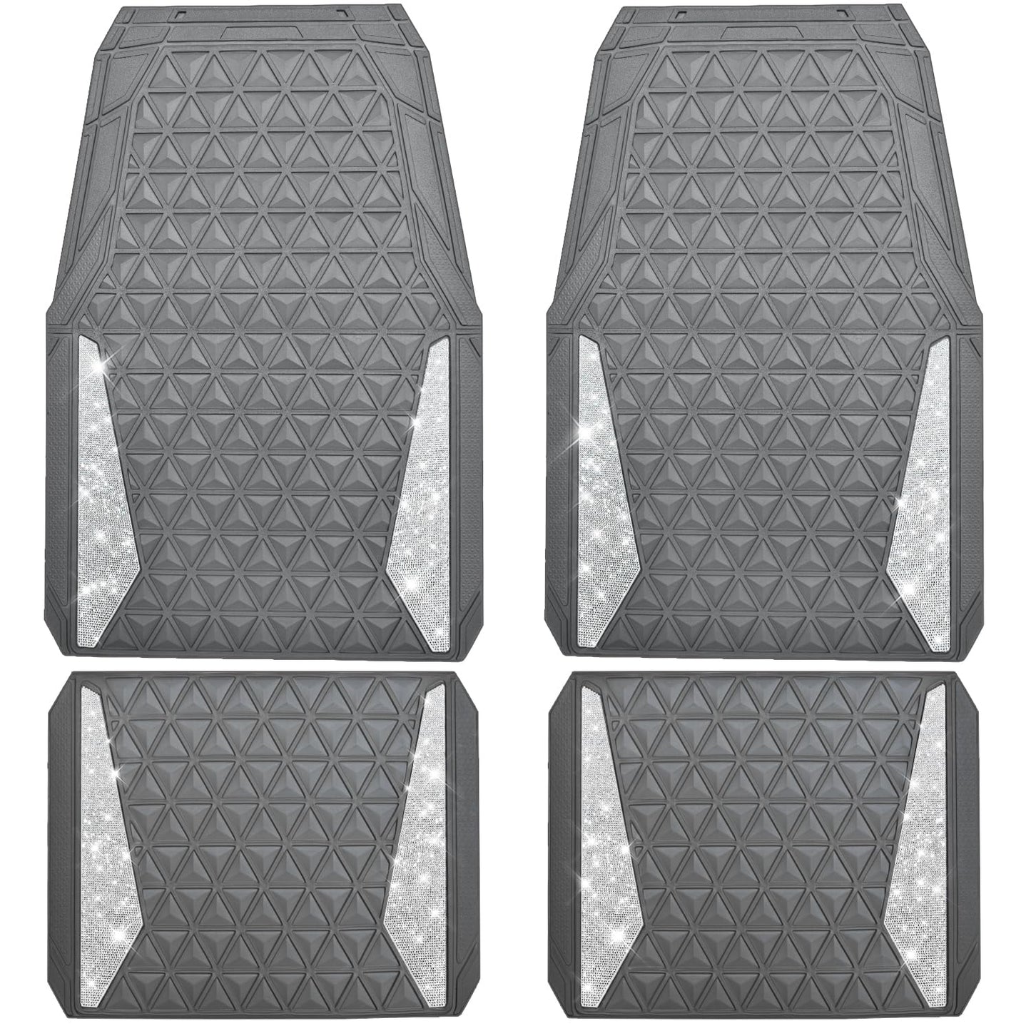CAR PASS Bling Car Mats Diamond Rubber Floor Mats Full Set Anti-Slip 3D Rhombus Waterproof Trim to Fit Liner Universal Glitter Crystal Sparkly Shining Rhinestone Girl Women SUV Sedan Van, Black Silver