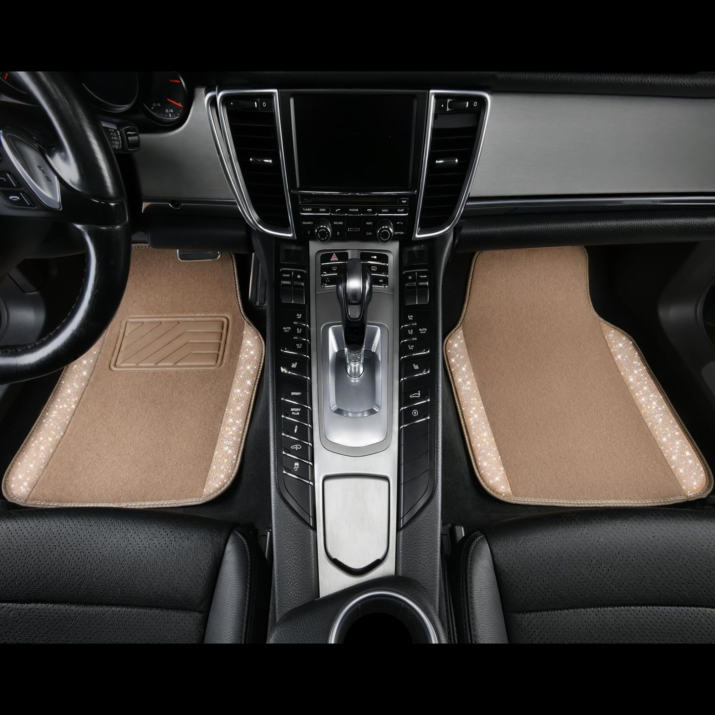 CAR PASS Bling Diamond Car Floor Mats, Shining Rhinestone Carpet Sparkly Glitter Crystal with Anti-Slip PVC Heel Pad Waterproof Universal Fit Automotive SUV,Sedan,Van,Cute Girl Women,4pcs Black Sliver