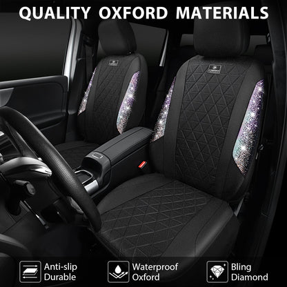 CAR PASS Oxford Bling Diamond Car Seat Covers 2 Front Interior Sets, Waterproof Shining Glitter Sparkly Crystal Universal Armrest Fit 95% Automotive Truck SUV Cute Women Girl, Black Red Rhinestone