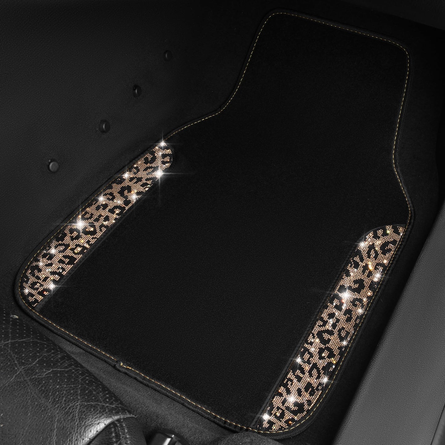 CAR PASS Bling Diamond Car Floor Mats, Shining Rhinestone Carpet Sparkly Glitter Crystal with Anti-Slip PVC Heel Pad Waterproof Universal Fit Automotive SUV,Sedan,Van,Cute Girl Women,4pcs Black Sliver