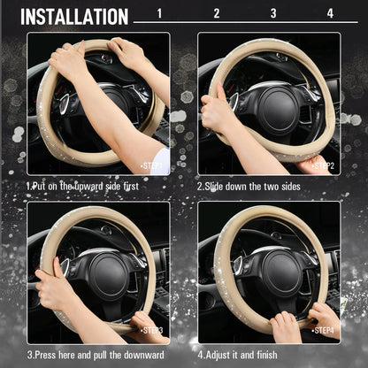 CAR PASS Bling Diamond Leather Steering Wheel Cover, With Sparkly Crystal Glitter Rhinestones Universal Fit 14"1/2-15" Car Wheel Protector for Women Girl Fit Suvs,Vans,Sedans,Car,Trucks, Black Diamond