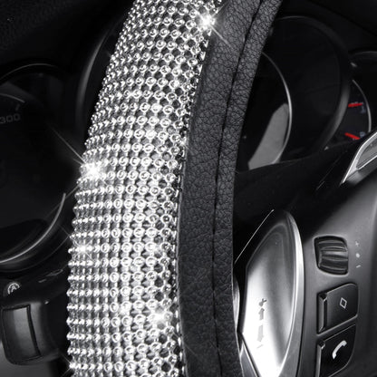 CAR PASS Bling Diamond Leather Steering Wheel Cover, With Sparkly Crystal Glitter Rhinestones Universal Fit 14"1/2-15" Car Wheel Protector for Women Girl Fit Suvs,Vans,Sedans,Car,Trucks, Black Diamond