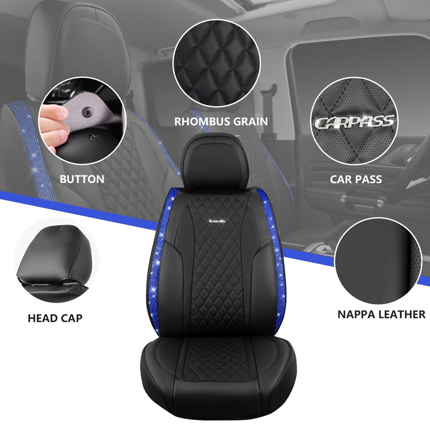 CAR Pass Bling Car Seat Covers, Microfiber Nappa Leather Luxury Cushioned, Waterproof Heavy-Duty Anti-Slip Universal Fit for Auto SUV Sedan,Sparkly Glitter Shining Rhinestone Full Set, Black Diamond