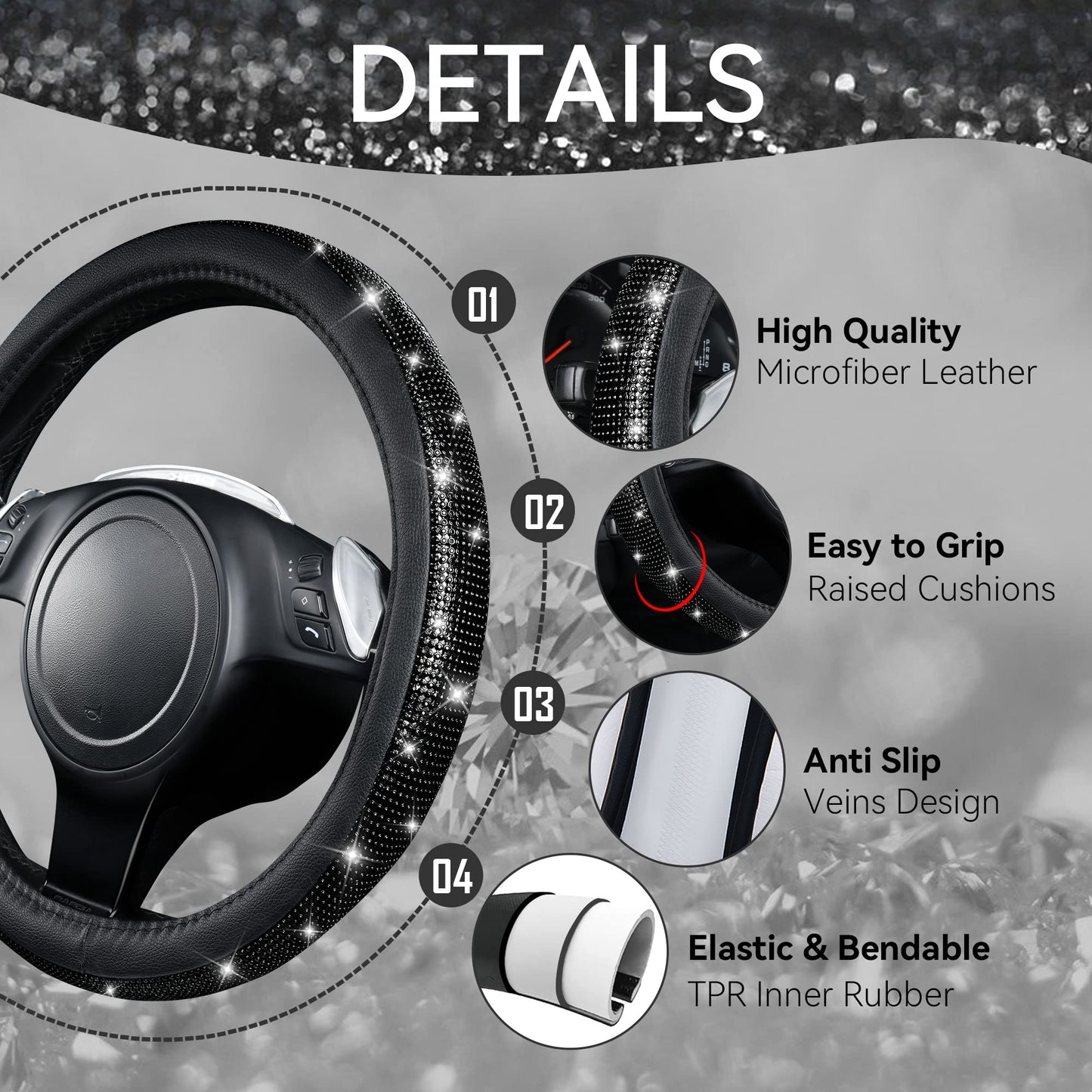 CAR PASS 7 PCS Bling Car Accessories for Women, Sparkly Rhinestone Diamond Steering Wheel Cover, Bling Seat Belt Cushion, Glitter Shift Knob Cover, Car Cup Holder Coaster, Cute Interior Sets Silver