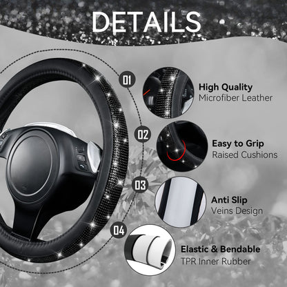 CAR PASS 7 PCS Bling Car Accessories for Women, Sparkly Rhinestone Diamond Steering Wheel Cover, Bling Seat Belt Cushion, Glitter Shift Knob Cover, Car Cup Holder Coaster, Cute Interior Sets Silver