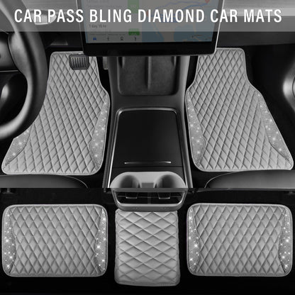 CAR PASS Bling Leather Car Mats Shining Diamond Floor Mats Sparkly Glitter Crystal Rhinestones Carpet Anti-Slip Waterproof Pad Universal Fit for Automotive SUV, Sedan, Van, 5pcs for Girl Women Black