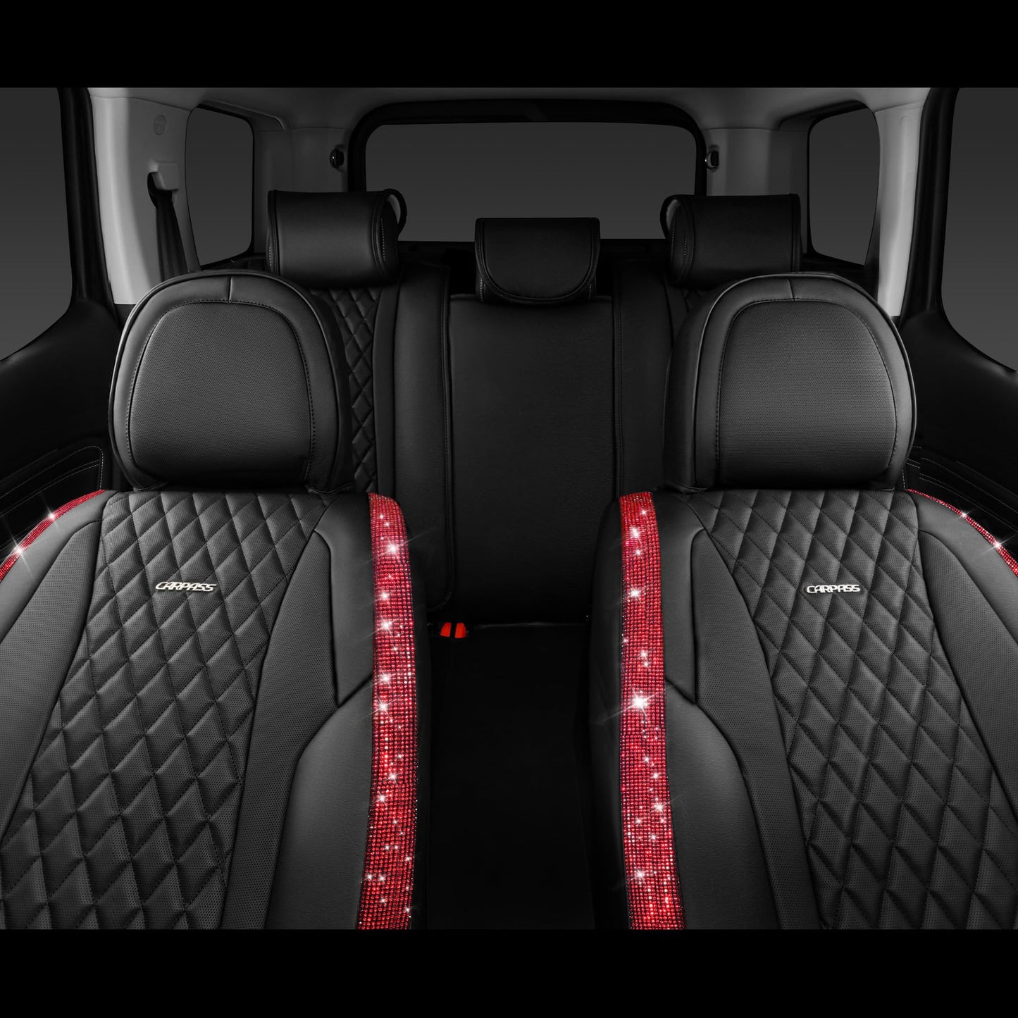 CAR Pass Bling Car Seat Covers, Microfiber Nappa Leather Luxury Cushioned, Waterproof Heavy-Duty Anti-Slip Universal Fit for Auto SUV Sedan,Sparkly Glitter Shining Rhinestone Full Set, Black Diamond