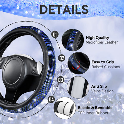 CAR PASS 7 PCS Bling Car Accessories for Women, Sparkly Rhinestone Diamond Steering Wheel Cover, Bling Seat Belt Cushion, Glitter Shift Knob Cover, Car Cup Holder Coaster, Cute Interior Sets Silver