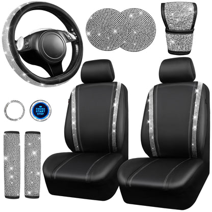 CAR PASS 7 PCS Bling Car Accessories for Women, Sparkly Rhinestone Diamond Steering Wheel Cover, Bling Seat Belt Cushion, Glitter Shift Knob Cover, Car Cup Holder Coaster, Cute Interior Sets Silver