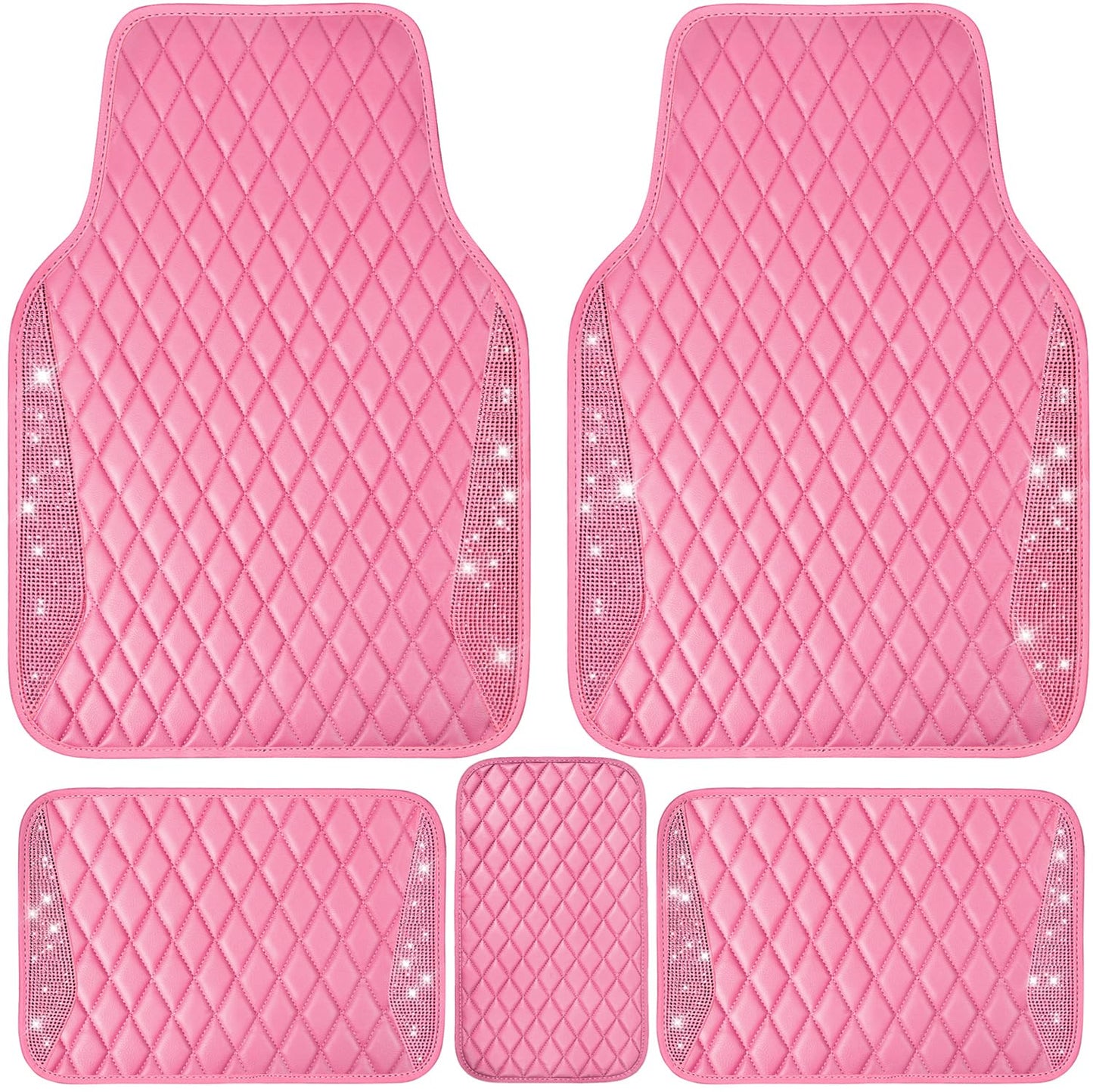 CAR PASS Bling Leather Car Mats Shining Diamond Floor Mats Sparkly Glitter Crystal Rhinestones Carpet Anti-Slip Waterproof Pad Universal Fit for Automotive SUV, Sedan, Van, 5pcs for Girl Women Black