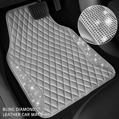 CAR PASS Bling Leather Car Mats Shining Diamond Floor Mats Sparkly Glitter Crystal Rhinestones Carpet Anti-Slip Waterproof Pad Universal Fit for Automotive SUV, Sedan, Van, 5pcs for Girl Women Black