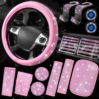 CAR PASS 7 PCS Bling Car Accessories for Women, Sparkly Rhinestone Diamond Steering Wheel Cover, Bling Seat Belt Cushion, Glitter Shift Knob Cover, Car Cup Holder Coaster, Cute Interior Sets Silver