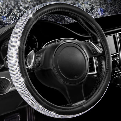 CAR PASS Bling Diamond Leather Steering Wheel Cover, With Sparkly Crystal Glitter Rhinestones Universal Fit 14"1/2-15" Car Wheel Protector for Women Girl Fit Suvs,Vans,Sedans,Car,Trucks, Black Diamond