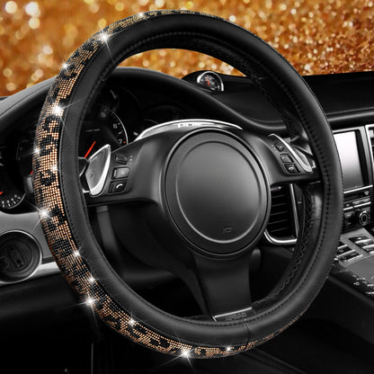 CAR PASS Bling Diamond Leather Steering Wheel Cover, With Sparkly Crystal Glitter Rhinestones Universal Fit 14"1/2-15" Car Wheel Protector for Women Girl Fit Suvs,Vans,Sedans,Car,Trucks, Black Diamond