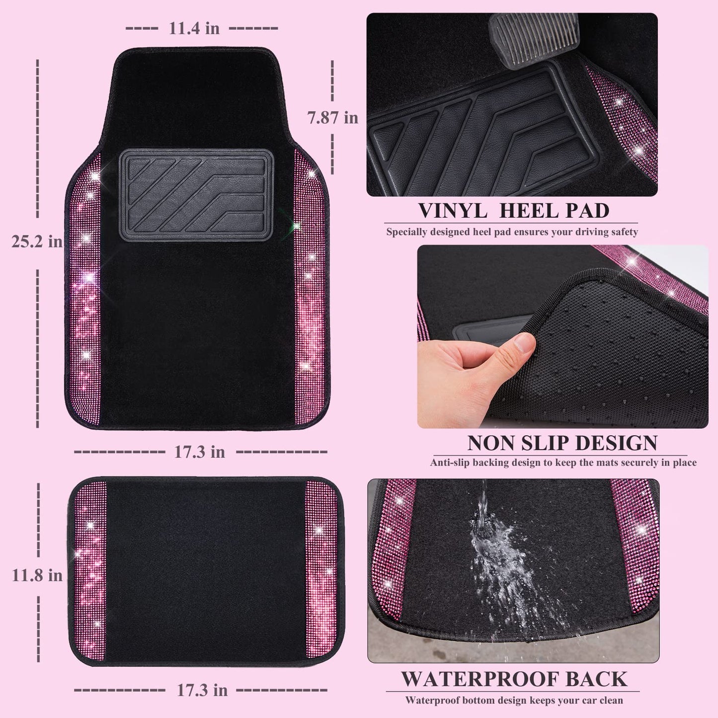 CAR PASS Bling Diamond Car Floor Mats, Shining Rhinestone Carpet Sparkly Glitter Crystal with Anti-Slip PVC Heel Pad Waterproof Universal Fit Automotive SUV,Sedan,Van,Cute Girl Women,4pcs Black Sliver