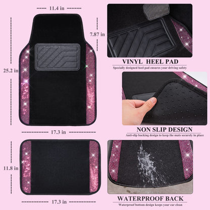 CAR PASS Bling Diamond Car Floor Mats, Shining Rhinestone Carpet Sparkly Glitter Crystal with Anti-Slip PVC Heel Pad Waterproof Universal Fit Automotive SUV,Sedan,Van,Cute Girl Women,4pcs Black Sliver