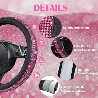 CAR PASS 7 PCS Bling Car Accessories for Women, Sparkly Rhinestone Diamond Steering Wheel Cover, Bling Seat Belt Cushion, Glitter Shift Knob Cover, Car Cup Holder Coaster, Cute Interior Sets Silver