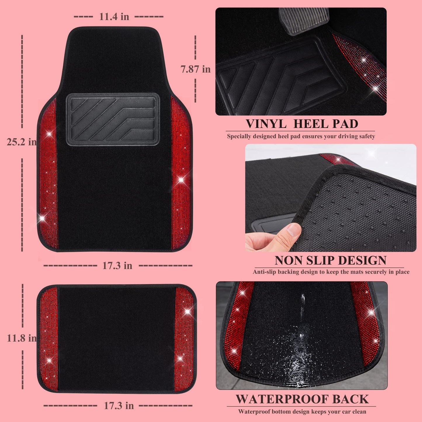 CAR PASS Bling Diamond Car Floor Mats, Shining Rhinestone Carpet Sparkly Glitter Crystal with Anti-Slip PVC Heel Pad Waterproof Universal Fit Automotive SUV,Sedan,Van,Cute Girl Women,4pcs Black Sliver