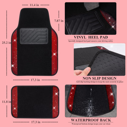 CAR PASS Bling Diamond Car Floor Mats, Shining Rhinestone Carpet Sparkly Glitter Crystal with Anti-Slip PVC Heel Pad Waterproof Universal Fit Automotive SUV,Sedan,Van,Cute Girl Women,4pcs Black Sliver