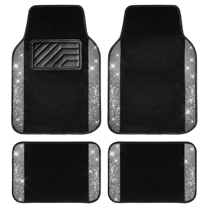 CAR PASS Bling Diamond Car Floor Mats, Shining Rhinestone Carpet Sparkly Glitter Crystal with Anti-Slip PVC Heel Pad Waterproof Universal Fit Automotive SUV,Sedan,Van,Cute Girl Women,4pcs Black Sliver
